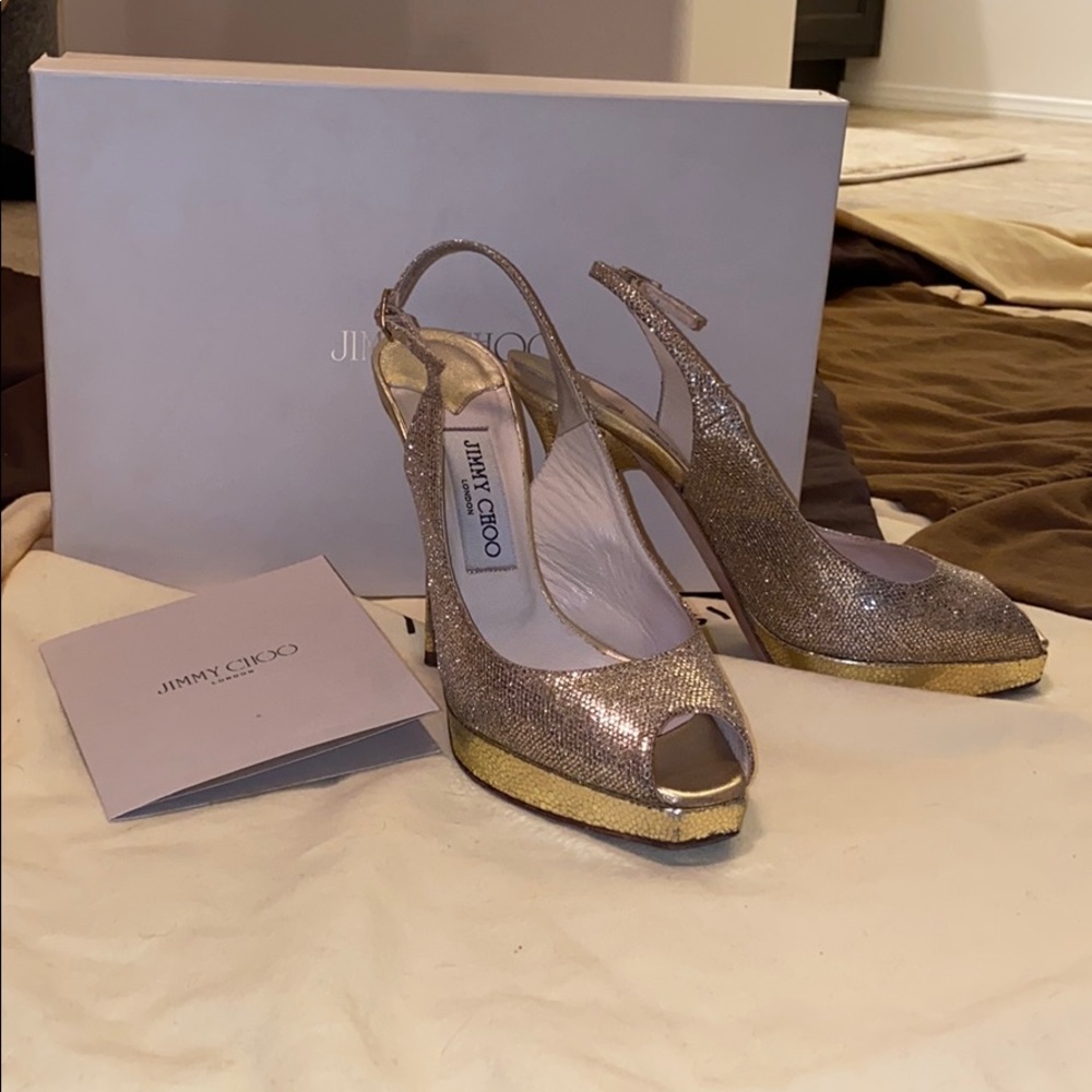 Jimmy Choo Gold Glitter Open toe sling back heels